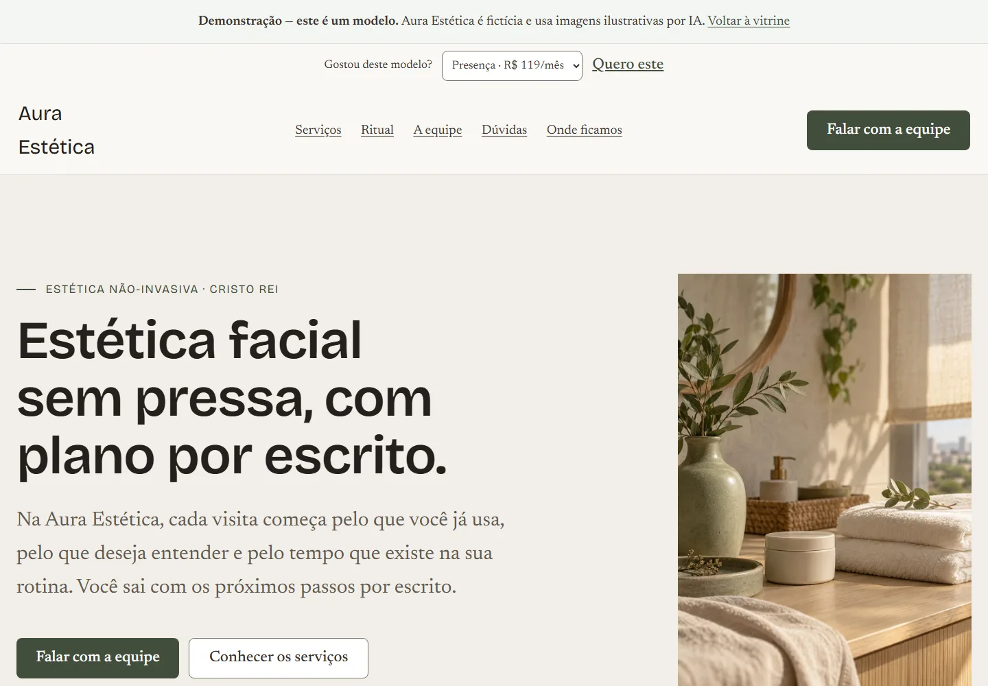 Captura real do Aura: clínica Aura Estética, página editorial acolhedora e imagem ilustrativa vertical.