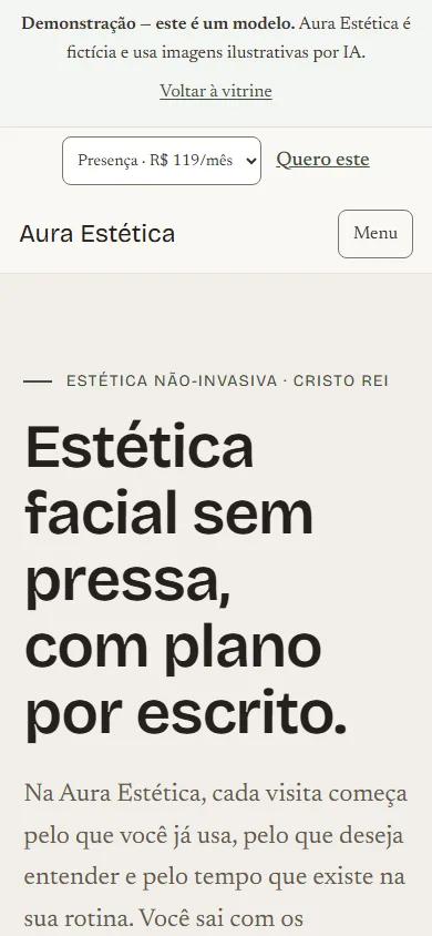 Aura no celular: navegação, título e imagem ilustrativa da clínica Aura Estética.