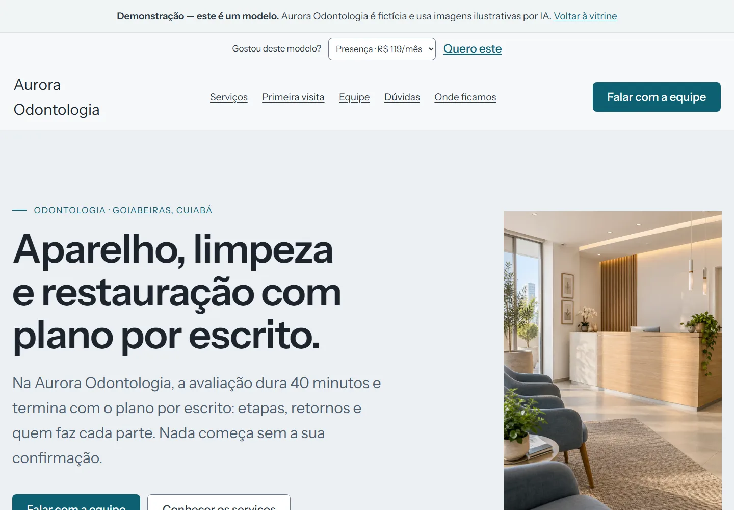 Captura real do Aurora: odontologia no Goiabeiras, página clean com avaliação e CRO-MT à mostra.