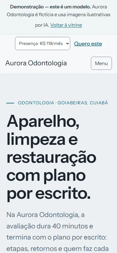 Aurora no celular: navegação, título e imagem ilustrativa da Aurora Odontologia.