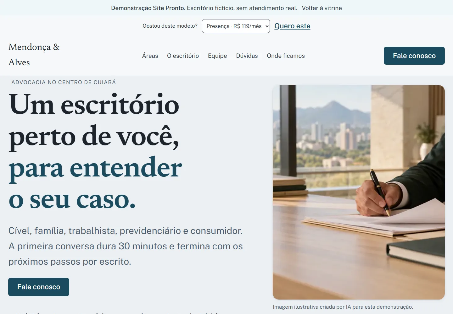 Captura real do Lex: escritório Mendonça & Alves, abertura clara e fotografia editorial.