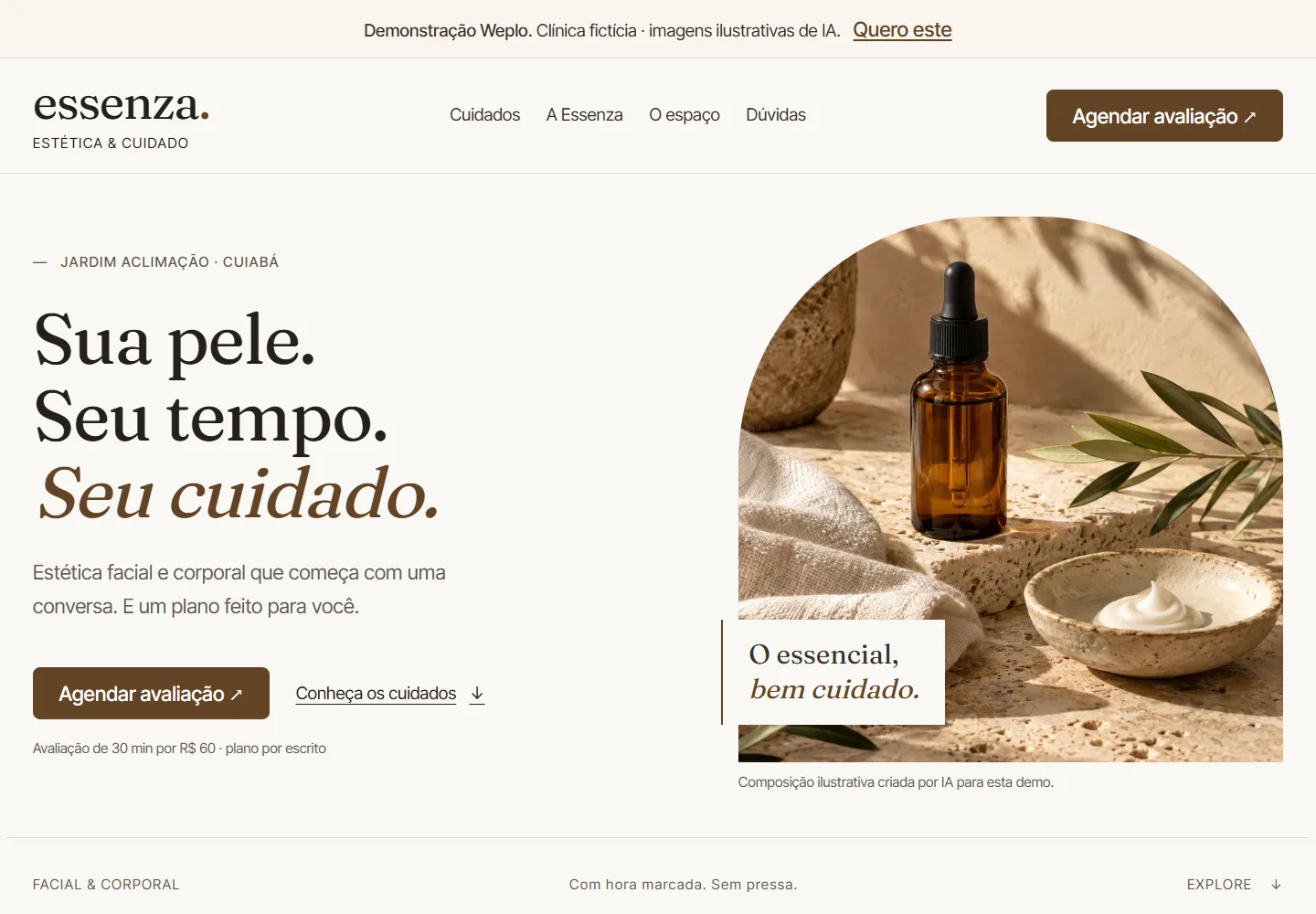 Captura real do Lumière: clínica Essenza, tipografia editorial e ambiente em tons quentes.