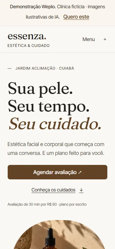 Lumière no celular: menu, título e imagem de skincare.