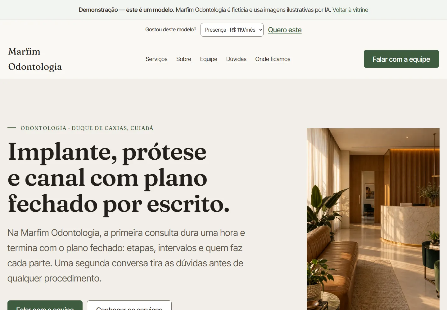 Captura real do Marfim: odontologia sofisticada com serviços em acordeão e plano fechado por escrito.