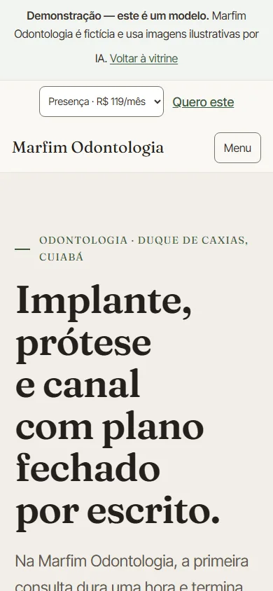 Marfim no celular: apresentação dos serviços e imagem ilustrativa da Marfim Odontologia.
