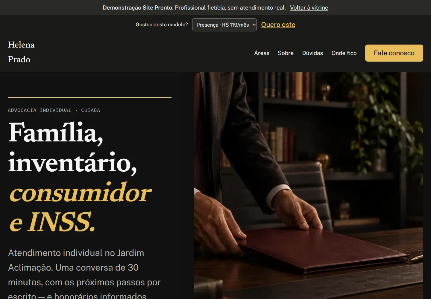 Captura real do Tribuna: advocacia individual em tema escuro com fotografia editorial.